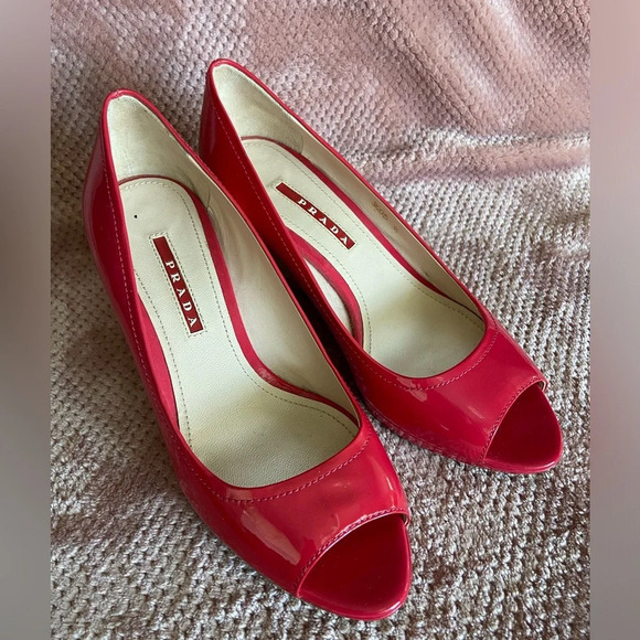 Prada Red Espadrille Peep-Toe Shoes - Picture 1 of 12